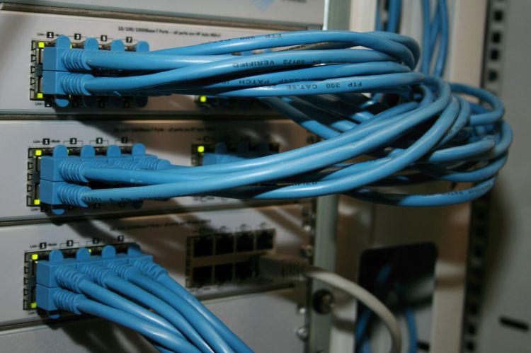 A server rack with many blue cables plugged in.