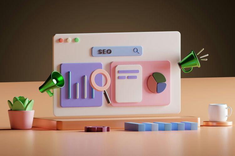 an artistic depiction of a website, with the acronym "SEO" visible in the search bar