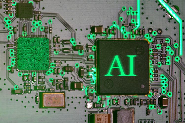 a glowing computer chip labeled "AI" on a circuit board