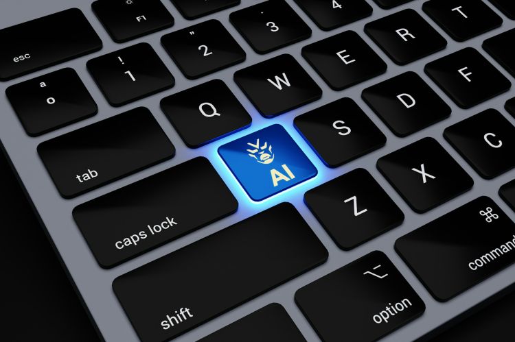 Closeup on a keyboard with an 'AI' key lit up blue
