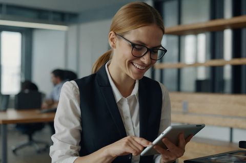 Woman smiling as she is working. Tablet in hand.