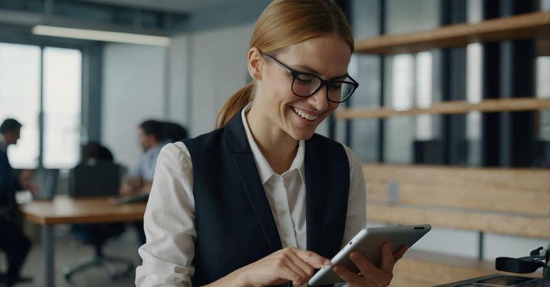 Woman smiling as she is working. Tablet in hand.